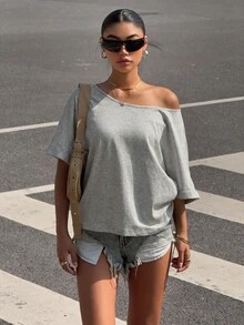 Muchica Solid Asymmetrical Neck Tee - Light Grey - View 3