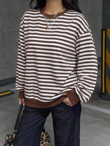 SHEIN EZwear 條紋印花落肩衛衣 - 彩色 - 查看 3