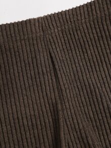 Sweetra Solid Foldover Off Shoulder Crop Top & Flare Leg Pants Set - Coffee Brown - View 6