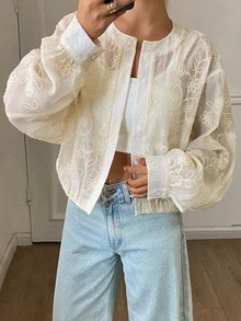 Livesso Tall Women's Round Neck Lace Loose Fit Vacation Style Cardigan - White - View 3