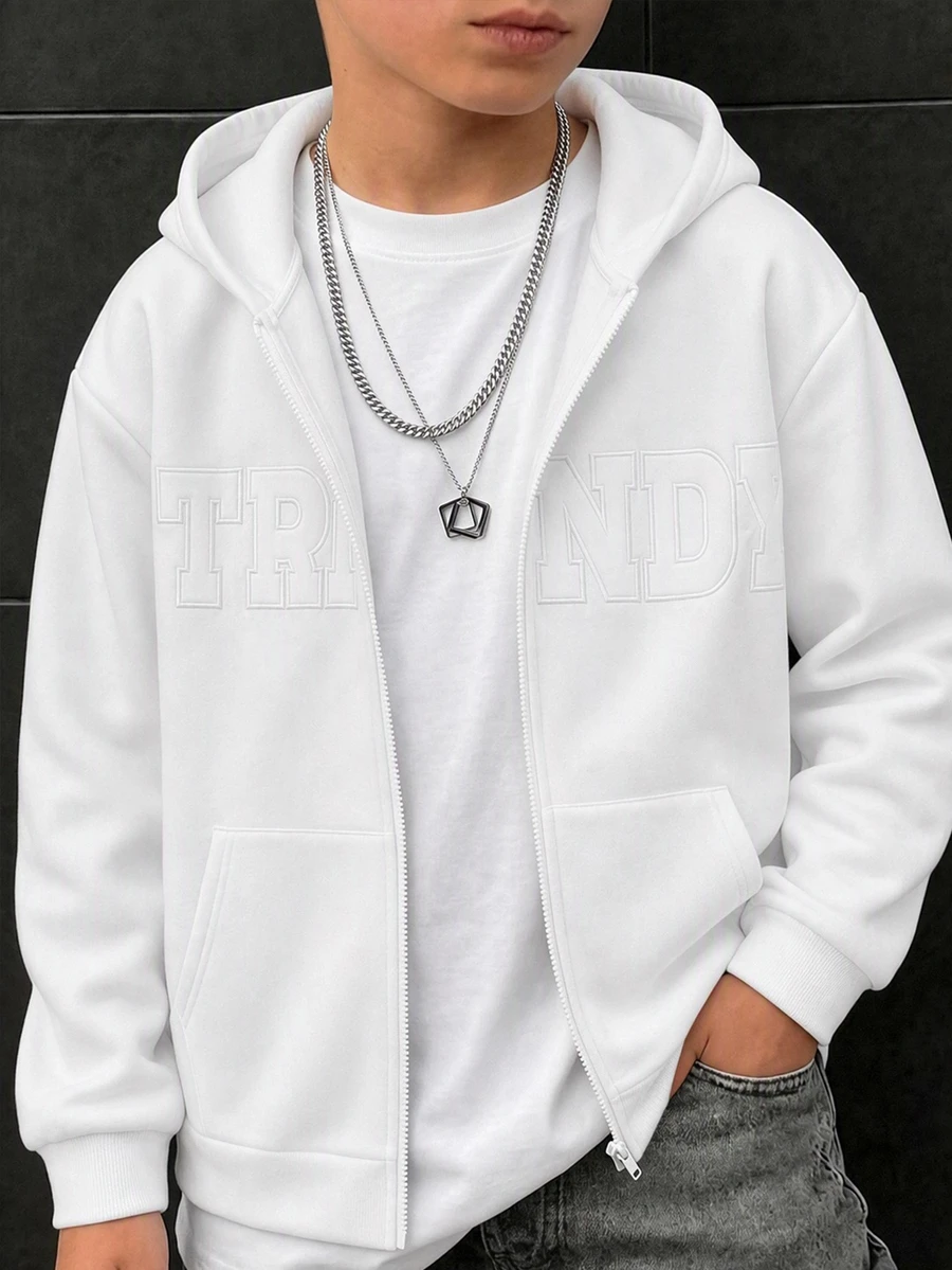 SHEIN Sweatshirt Hoodie Resleting Fleece Motif Huruf Bordir Minimalis Kasual untuk Remaja Laki-laki