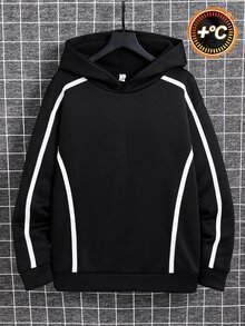 SHEIN 青少年男孩休閒拼接色黑色連帽梭織秋季衛衣，適合返校或外出穿著 - 黑色 - 查看 3