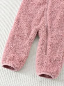 SHEIN Baby Girl Cartoon Pattern 3D Ear Design Long Sleeve Plush Hooded Winter Romper - Pink - View 4