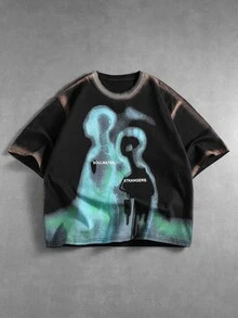ROMWE MEN Street Life Men Letter Figure Graphic Washed Tee - Black - View 1