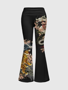 ROMWE Avant Tiger Chinese Dragon Print Cami Top & Flare Leg Pants Set - Black - View 7