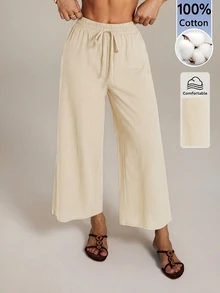 SHEIN PETITE 女士長褲 - 米色 - 查看 5
