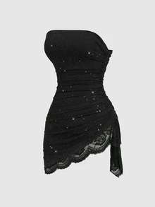 Sweetra Contrast Lace Drawstring Side Ruched Asymmetrical Hem Tube Dress - Black - View 1