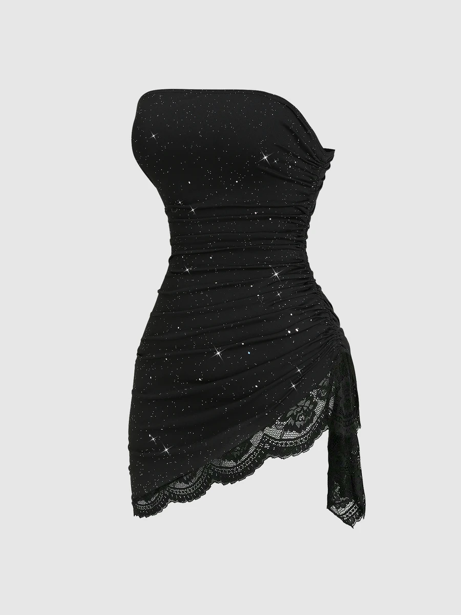 Sweetra Contrast Lace Drawstring Side Ruched Asymmetrical Hem Tube Dress - Black - View 1
