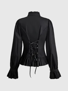 ROMWE Women's Blouse With Lantern Sleeves, Lace Patchwork, Small High Collar, Gothic Court Style - Black - View 2