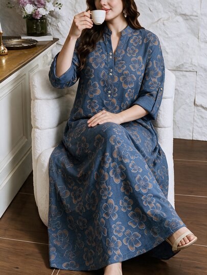 Lacomfia Robe grande taille à imprimé intégral et encolure échancrée