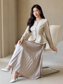 DAZY Women's Solid Color Single-Breasted Ruffle Hem Elegant Blouse Fall - Apricot - View 8