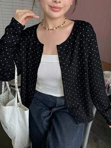 Dazy Plus 女童小圓點圓領鈕扣開襟長袖休閒針織外套，春夏/秋冬可愛上衣 - 黑色 - 查看 2