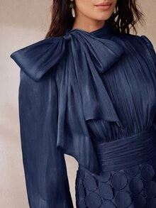 Anewsta Tie Neck Lantern Sleeve Fringe Hem Dress - Navy Blue - View 2
