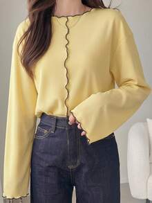 FRIFUL Contrast Trim Drop Shoulder Tee - Yellow - View 2