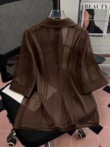 GlowEve Solid Single Button Lapel Collar Flap Detail Sheer Lightweight Blazer - Coffee Brown - View 2