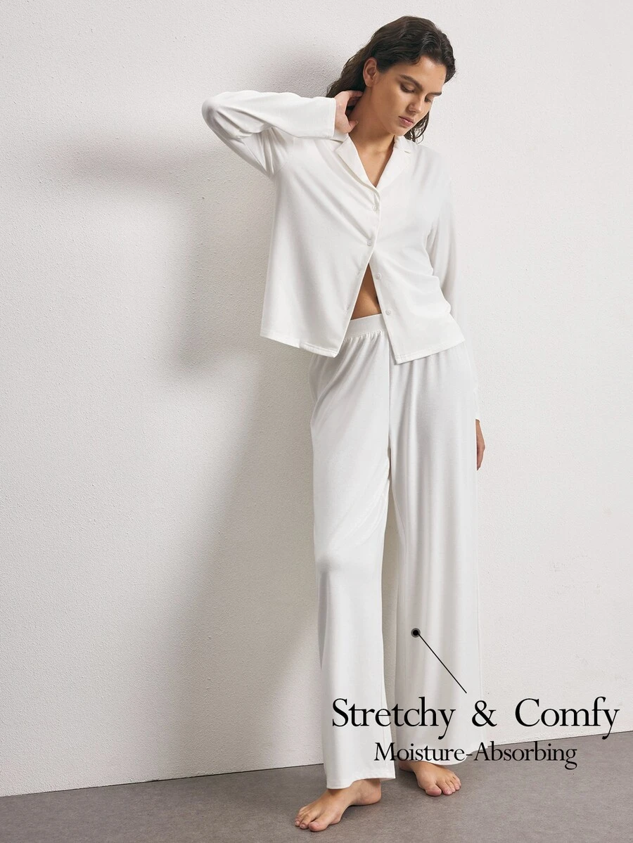 Ocili Notched Collar Buttoned Front Blouse & Pants PJ Set - White - View 1