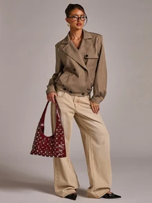 SHEIN BAE Solid Double Breasted Placket Crop Trench Coat - Rust Brown - View 7