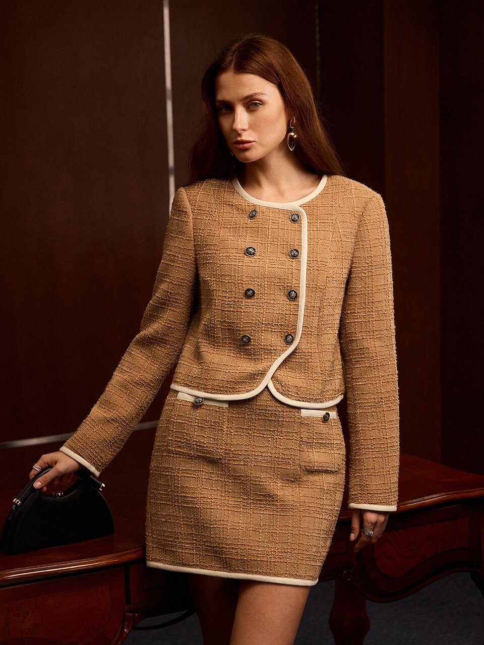 MOTF TWEED ELEGANT CONTRAST TRIM DOUBLE-BREASTED JACKET AND SKIRT 2 PIECES SET