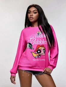 THE POWERPUFF GIRLS X SHEIN كنزة نسائية بطبعة كرتونية بياقة مستديرة وأكمام طويلة مناسبة للعطلات - وردي - مشاهدة 3