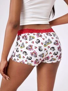 THE POWERPUFF GIRLS X SHEIN Women's Contrast Lace Cartoon Print Boxer Shorts - Red and White - View 2