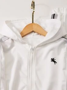 SHEIN 女童寬鬆連帽落肩條紋長袖上衣 + 側條紋直筒休閒褲套裝，極簡清新風格，柔軟舒適面料，適合日常上學、戶外運動、購物與旅行，寬鬆版型活動自在，休閒穿搭 - 白色 - 查看 6