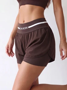 SHEIN Sports Letter Graphic 2 In 1 Sports Shorts - Brown - View 1