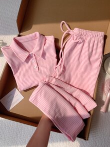 Comfortcana Contrast Striped Print Polo Collar Long Sleeve Top & Knot Front Pants Set - Pink - View 2