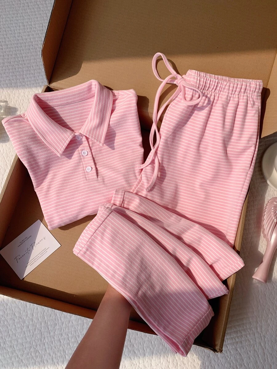 Comfortcana Contrast Striped Print Polo Collar Long Sleeve Top & Knot Front Pants Set
