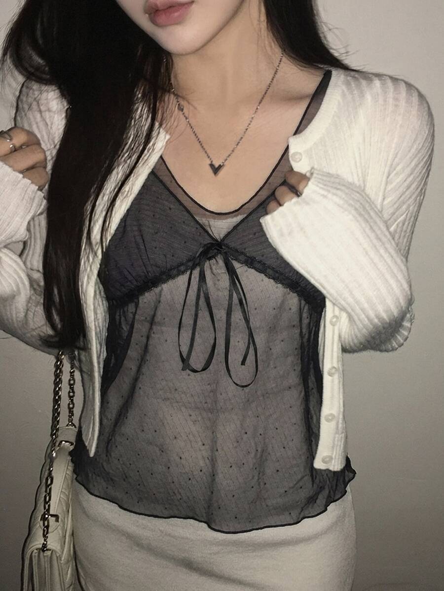 DAZY Solid Button Front Bustier 2 In 1 Cami Top - Dark Grey - View 1