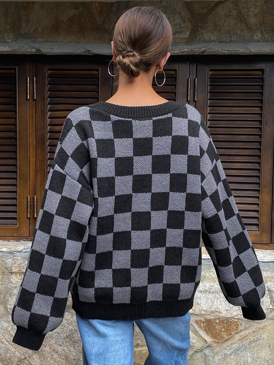 Women's Casual Loose Checkerboard Cardigan, Autumn/Winter