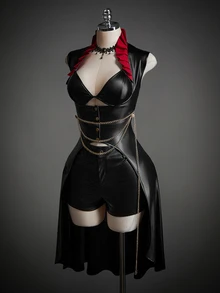 SHEIN ICON Y2K女款萬聖節Cosplay黑色哥德風束腰派對裝，對比色立領長下擺 - 黑色 - 查看 7