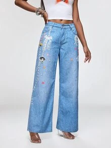 THE POWERPUFF GIRLS X SHEIN Celana Jeans Denim Wanita Motif Kartun dengan Kantong Kancing - Biru - View 1