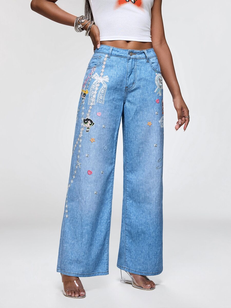 THE POWERPUFF GIRLS X SHEIN Celana Jeans Denim Wanita Motif Kartun dengan Kantong Kancing - Biru - View 1