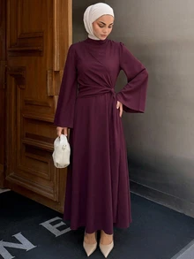 DAZY Women's Elegant Fashion Pleated Waist Long Sleeve Dress Fall - Burgundy - View 11