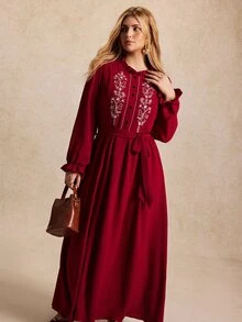 Écloséra Curve Plus Size Women's Elegant Boho Embroidered Round Collar French Style Shirt Dress, Slimming 3D Ruffle Cuffs Bow Waist Dark Purple Autumn - Burgundy - View 4
