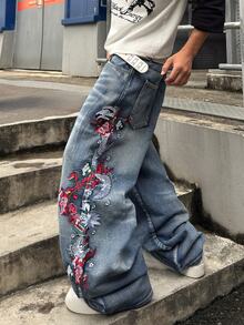 STEELVANCE Men Floral Embroidery Washed Wide Leg Jeans - Light Wash - View 5