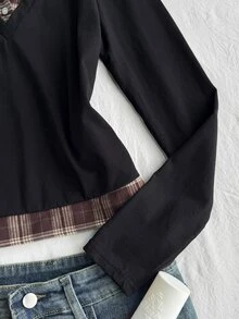Teen Girl Plaid Print Contrast Collar 2 In 1 Tee - Black - View 3