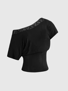 ROMWE Plus Contrast Lace Asymmetrical Neck Tee - Black - View 1