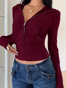 SHEIN EZwear 女款酒紅色秋季新款復古運動連帽拉鍊修身長袖外套 - 酒紅色 - 查看 5