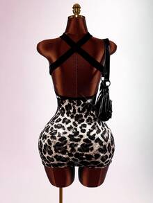 Amplova Leopard Print Crisscross Backless Bodycon Dress - Brown - View 8