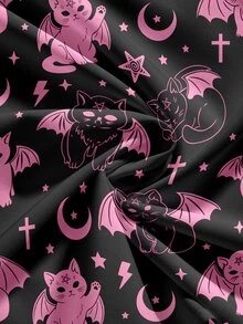 ROMWE Goth 大尺碼萬聖節印花方領泡泡袖洋裝 - 黑色 - 查看 4