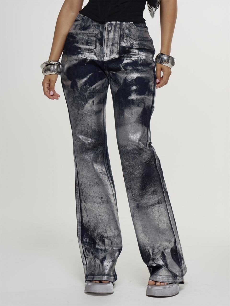 Metallic Silver Foil Printed Low Rise Indigo Wash Fitted Flare Denim