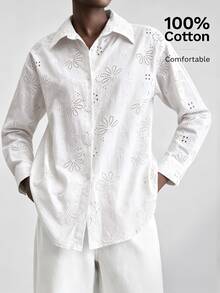 Ontre Floral Embroidery Button Front Shirt - White - View 3