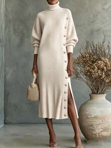 SHEIN Turtleneck Button Detail Split Thigh Sweater Dress - Apricot - View 8