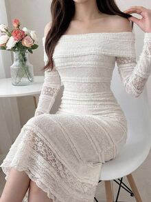 DAZY Spring/Summer Women's Elegant Lace Solid Color Midi Dress - Pearl White - View 6