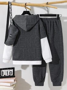 SHEIN 3件組買2送1兒童青少年男孩休閒運動提花布假兩件式連帽衛衣與慢跑褲套裝，灰色衛衣套裝，基礎上衣，適合秋冬、學校、家庭聚會、度假、派對，秋季穿搭，冬季穿搭 - 彩色 - 查看 3