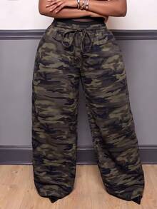 Slaydiva Plus Camo Print Drawstring Waist Wide Leg Pants - Army Green - View 8