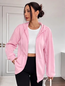 SHEIN EZwear 大尺碼純色拉鍊連帽抽繩落肩運動衫 - 粉色 - 查看 7