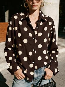 Franclia Polka Dot Print Button Front Shirt - Coffee Brown - View 3