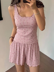 DAZY Ditsy Floral Print Lettuce Trim PJ Set - Pink - View 1